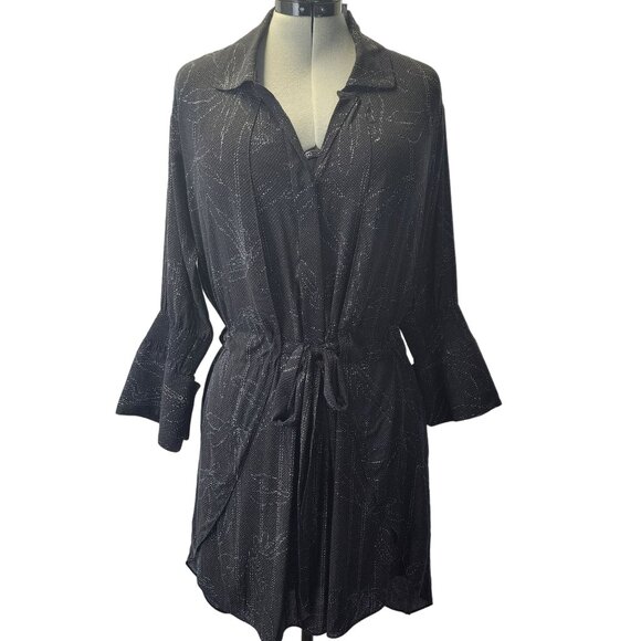 Halston Heritage Black & Silver Patterned Dress With Tie Waist & Flared Sleeves - Picture 1 of 16